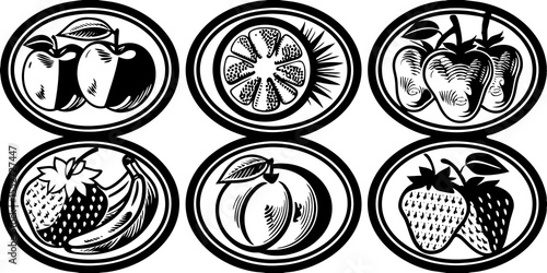 Collection of oval shaped fruit illustrations including apples orange pears bananas peaches and strawberries