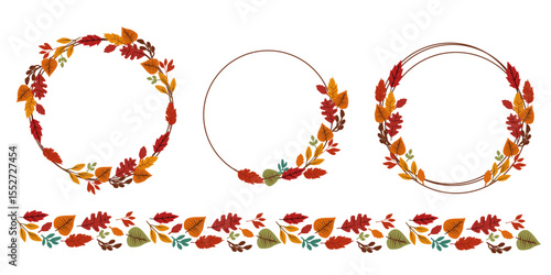 Colorful fallen leaves and berries decoration collection. Set of Autumn and thanks giving day decoration frame. Vector illustration.
