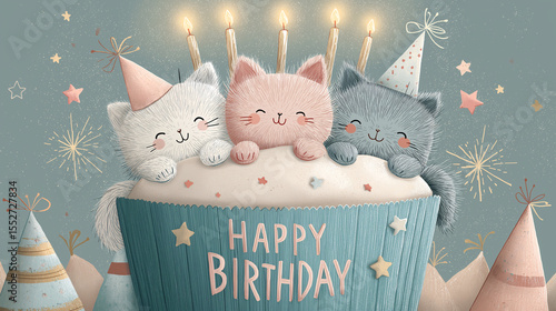 Celebratory Birthday Illustration of Cheerful Cats atop a Cupcake with Candles