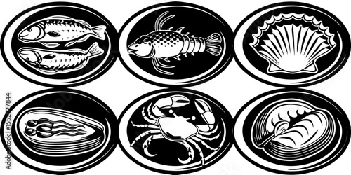 Collection of six black and white seafood icons including fish lobster scallop mussel crab and oyster