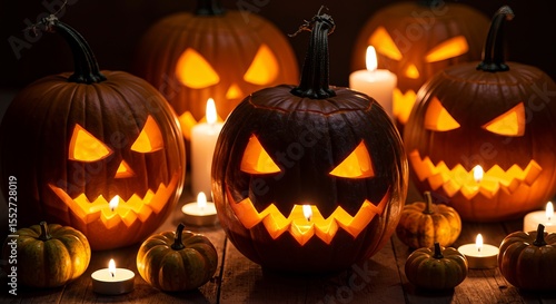 A group of glowing jackolanterns and candles for halloween