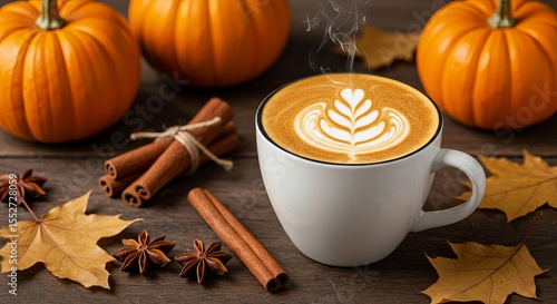 Fototapeta Naklejka Na Ścianę i Meble -  Pumpkin spice latte with cinnamon and pumpkins on a wooden table