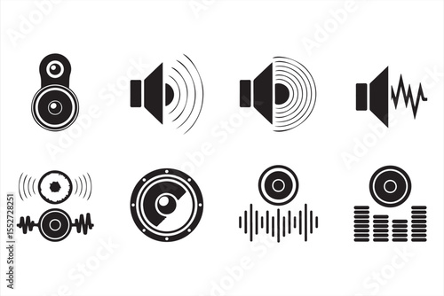 Vector sound icons with volume signals and loudspeakers