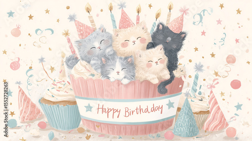 Adorable Kittens Celebrating a Birthday in a Cupcake Illustration