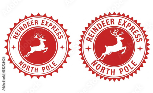 Reindeer Express North Pole round christmas label on white background