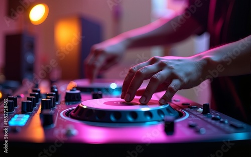 DJ Hands creating and regulating music on dj console mixer in concert outdoor. High quality