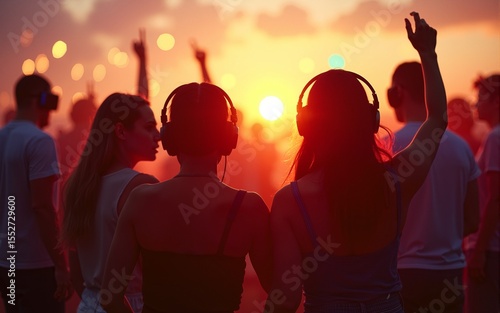 Happy friends listening music and dancing at silent disco party wearing headphones at sunset. High quality
