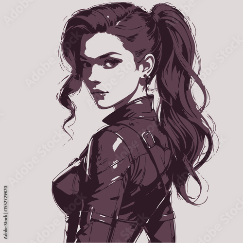 The character is a brunette young woman with long 1950’s styled hair, she’s dressed in a tight assassin’s leathers with some fantasy elements