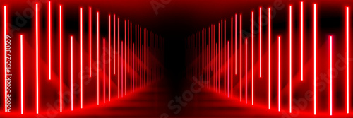 Abstract red neon tunnel corridor with glowing light strips in perspective - luminous pathway leading into darkness for cyberpunk design, gaming bg or technology presentation with illumination effect.