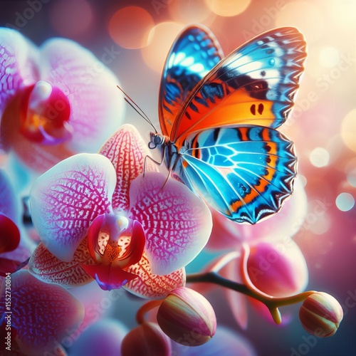 A vibrant butterfly resting delicately on a blooming orchid show