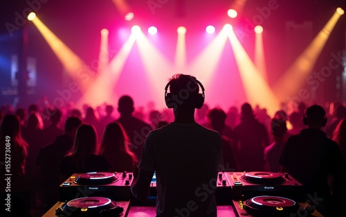 dj night club party rave with crowd in music festive. High quality