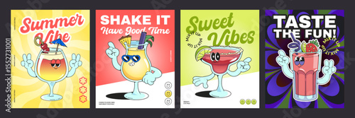 Groovy cocktail poster designs with retro characters - summer vibe tropical drinks in glasses with vintage typography. fun psychedelic beverages dancing, waving hands, showing peace gestures.