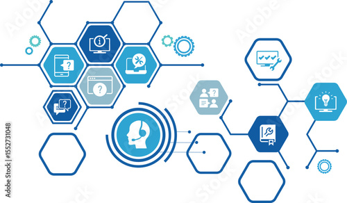IT support vector illustration. Blue concept with icons related to IT helpdesk, hotline or helpline, remote or online tech support, technical assistance, specialist software support.