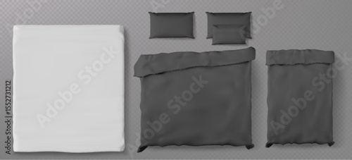 Bed top view collection with white mattress and dark gray bedding set - duvet cover, pillows and blanket for interior design, furniture catalogs and bedroom planning layouts. Realistic 3d slip mockup.