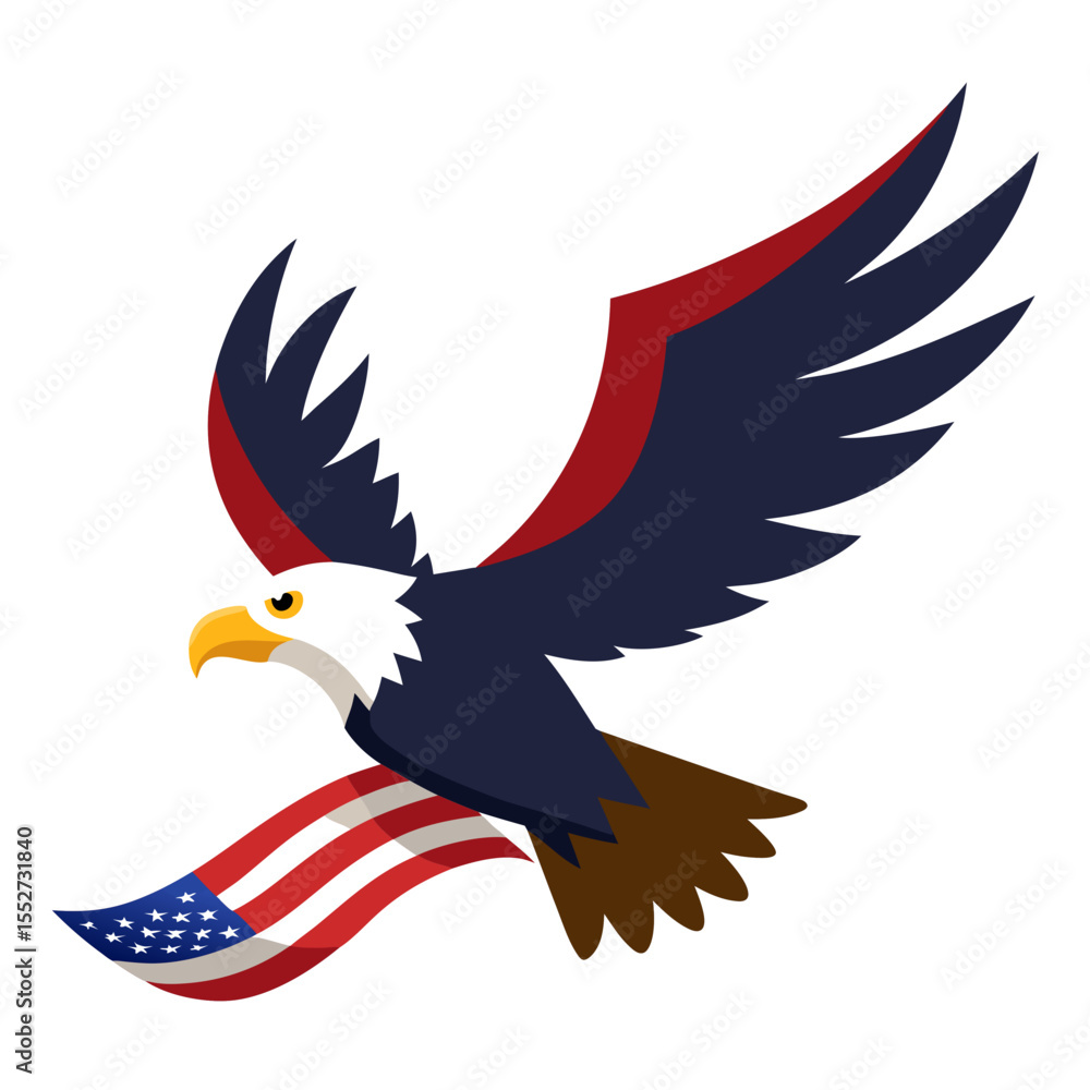 Fototapeta premium Majestic bald eagle soars with american flag in stylized illustration