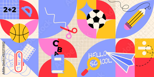 Back to school geometric pattern with colorful abstract shapes - basketball and soccer ball, pencil and scissors, books and educational elements in vibrant modern design for student supplies marketing