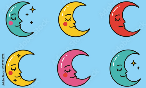 Sleepy Crescent Moon Faces ,A charming collection of six colorful crescent moon illustrations, each featuring a serene, sleeping face with closed eyes and rosy cheeks, some adorned with sparkling star