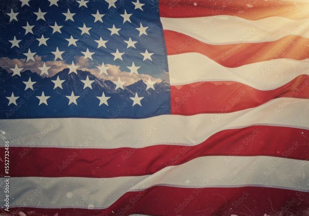 Obraz premium An american flag with mountains and clouds on the star field