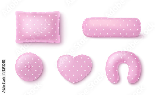 Pink pillow and cushion 3d set with white polka dot pattern. Sweet decorative shapes - rectangular and bolster, round and heart, neck travel. Cute nursery bedding for girls room, baby designs.