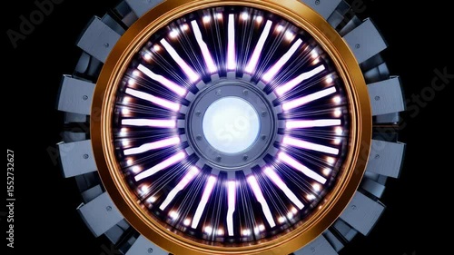 Dynamic Circular Energy Source With Glowing Purple Lights and Metallic Structure