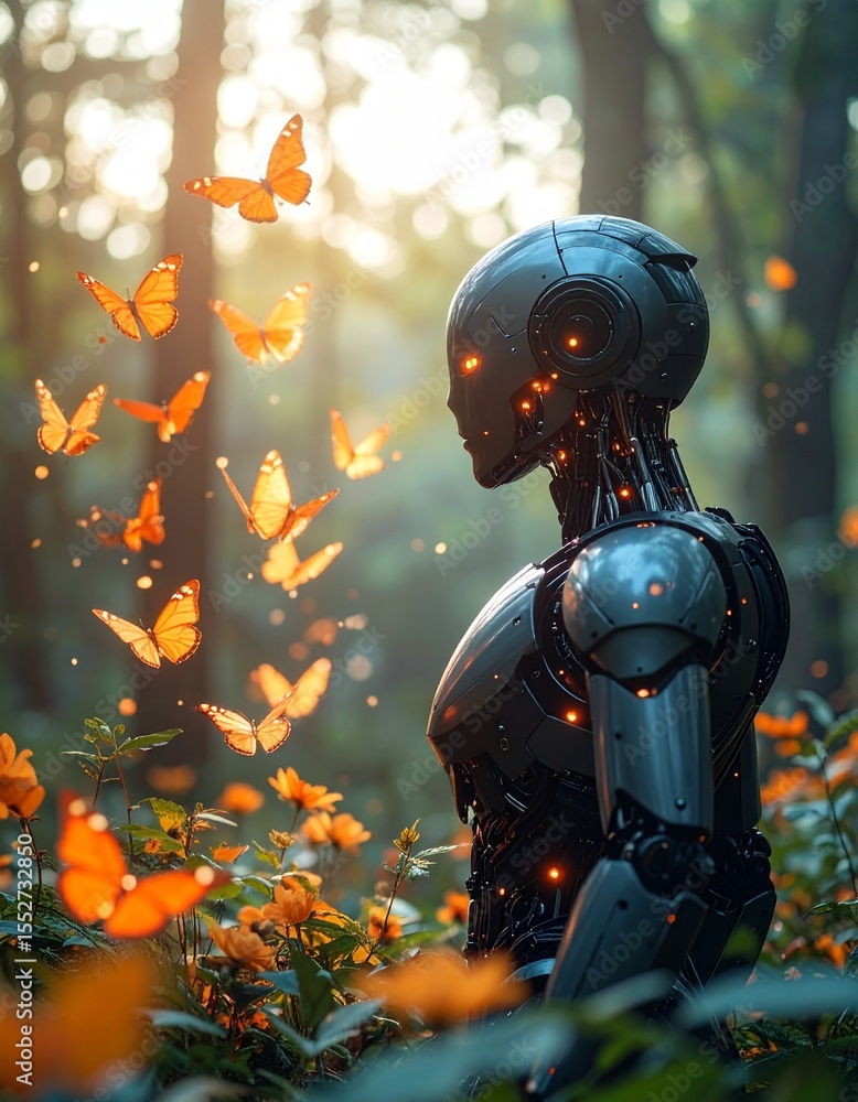Dark Metallic Robot Gazing at Holographic Orange Birds in a Forest Dark Metallic Robot Gazing at Holographic Orange Birds in a Forest