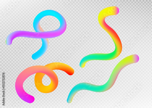 Rainbow gradient ribbon shapes floating on transparent bg - colorful geometric curves and swirls with vibrant spectrum transitions for modern design. Abstract flowing elements with smooth hues blends