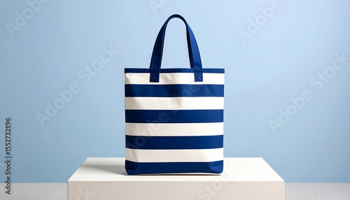 Stylish tote bag with blue and white stripes, perfect for everyday use. The bag sits on a white pedestal against a soft blue backdrop. A tote bag placed on a podium in studio setting.