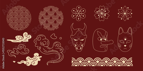 Golden Japan Asia elements on red bg- wave patterns, cloud swirls, demon masks, cherry blossoms and traditional motifs for oriental design. Line art set of seigaiha scales, sakura flowers, oni faces