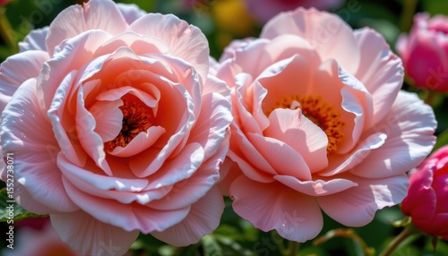 Fototapeta Naklejka Na Ścianę i Meble -  close up of blooming rose and peony petals, glistening with dew and bathed in morning light, evoking their rich fragrance used in perfumery.