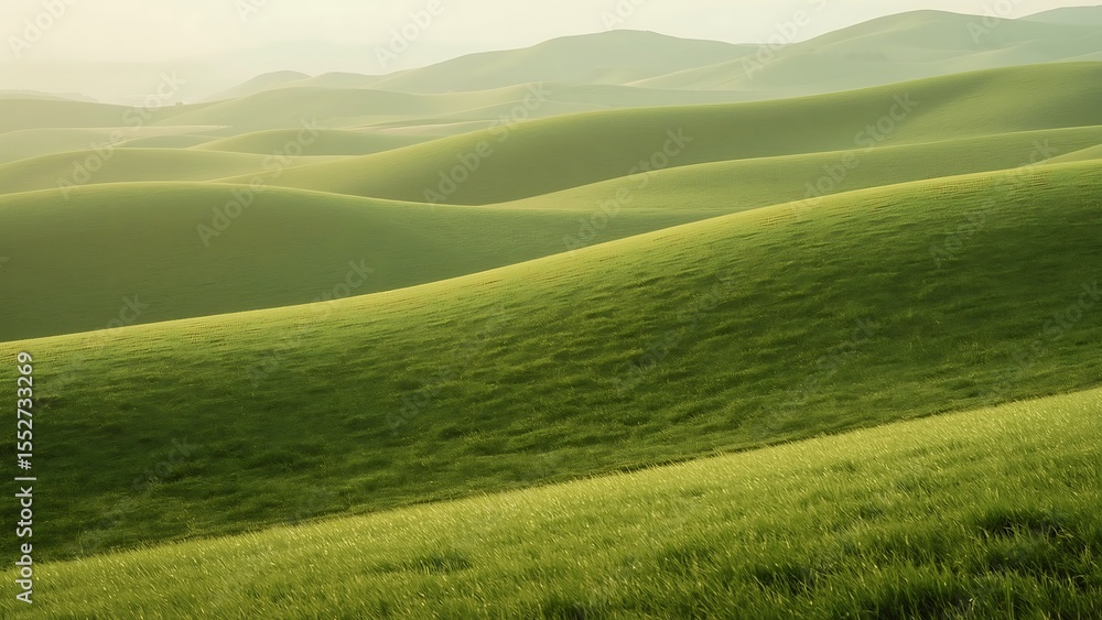 Fototapeta premium Peaceful Rolling Green Hills Serene Landscape with Soft Light And Wide View