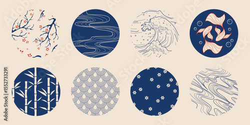 Japanese tradition circle patterns - cherry blossoms, ocean waves, koi fish, bamboo and flowing water designs. Asian decorative elements with sakura branches, blue geometric shapes and nature motifs.