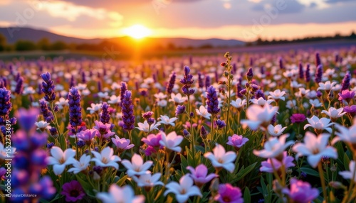 Wallpaper Mural a dreamy floral field at sunrise with clusters of lavender, tuberose, and gardenia glowing softly, representing perfume ingredient origins. Torontodigital.ca
