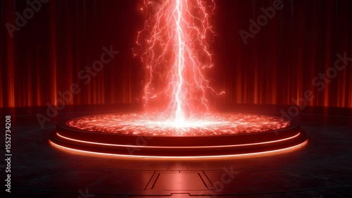 Electric Sparks Emanating From a Circular Platform With Red Light in a Dark Environment