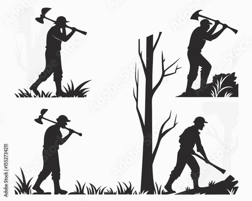 Silhouette Illustration of Lumberjacks Chopping Trees