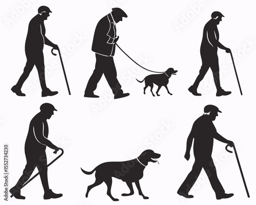 Elderly People Walking with Walking Aids and Dogs
