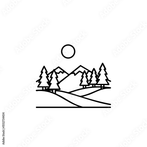 Mountain landscape icon with trees in outline black style