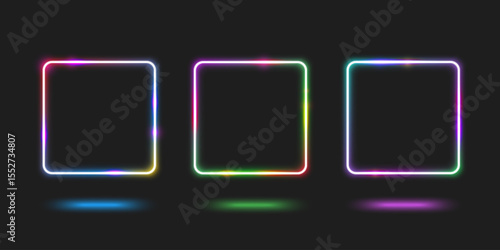 Neon square frame set glowing on dark background - purple, green and blue gradient borders with reflection effects for futuristic design. Electric light box with rounded corners for modern interface