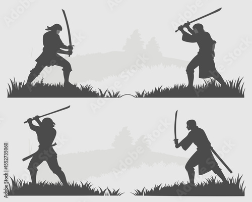 Bundle Silhouette of Three Samurai in Action