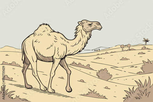  Cartoon Camel Walking in a Desert Landscape