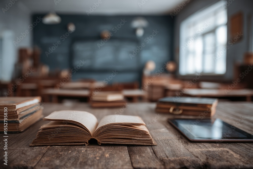 Fototapeta premium An open antique book rests on a rustic wooden desk in a blurred, old-fashioned classroom setting with a chalkboard and tablet