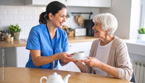 A caregiver smiling as they serve tea to an elderly woman in a cozy kitchen