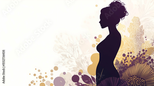silhouette of elegant woman with floral and abstract botanical background