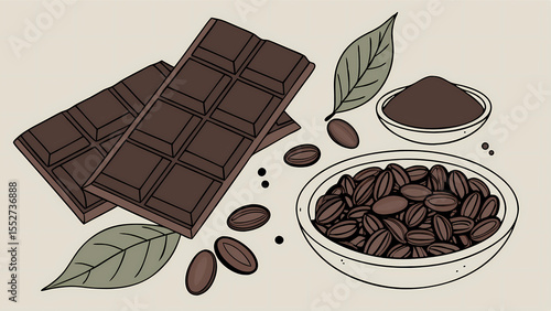 Delicious dark chocolate bars with coffee beans and cocoa powder illustration for food lovers