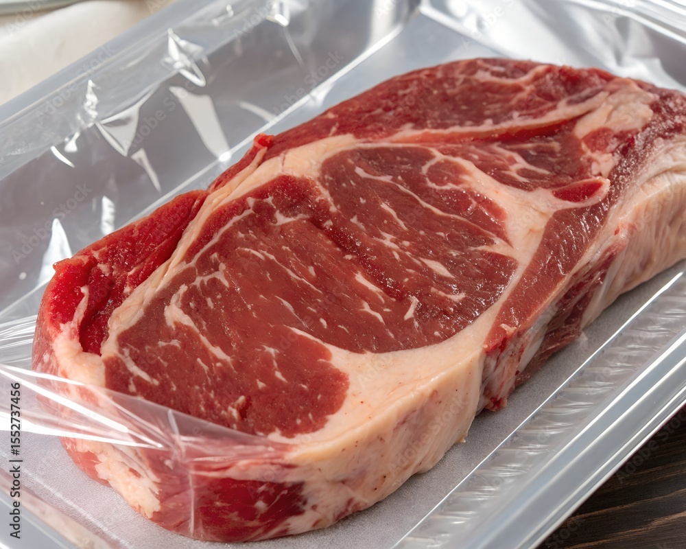 Fototapeta premium Close-up of fresh beef rib-eye steak vacuum-sealed for commercial sale.