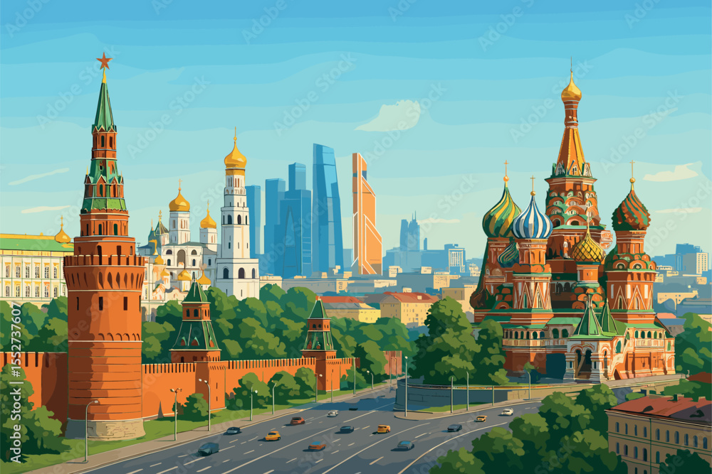 Fototapeta premium Daylight Moscow panorama with Kremlin and Saint Basil’s Cathedral