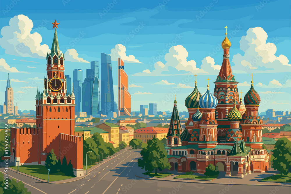 Fototapeta premium Daylight Moscow panorama with Kremlin and Saint Basil’s Cathedral