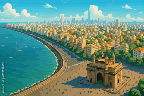 Mumbai panorama with Gateway of India and Marine Drive coastline