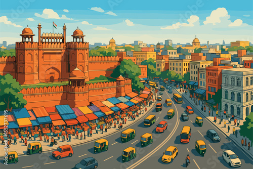 Vibrant view of Delhi with Red Fort and bustling markets