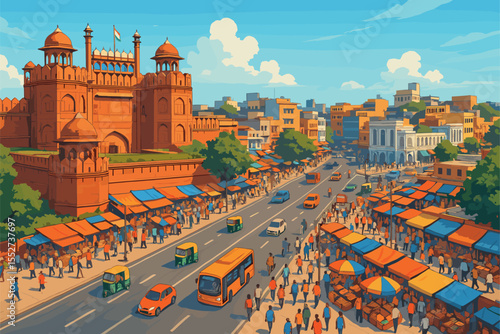 Vibrant view of Delhi with Red Fort and bustling markets