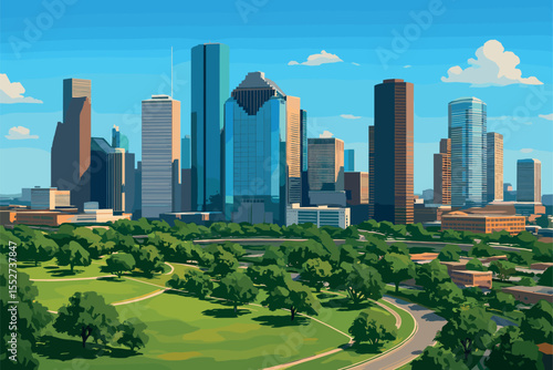 Houston cityscape with skyscrapers and green spaces under clear Texas sky